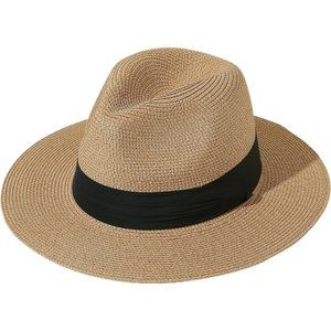 Womens UPF50 Foldable Summer Straw Hat Wide Brim Fedora